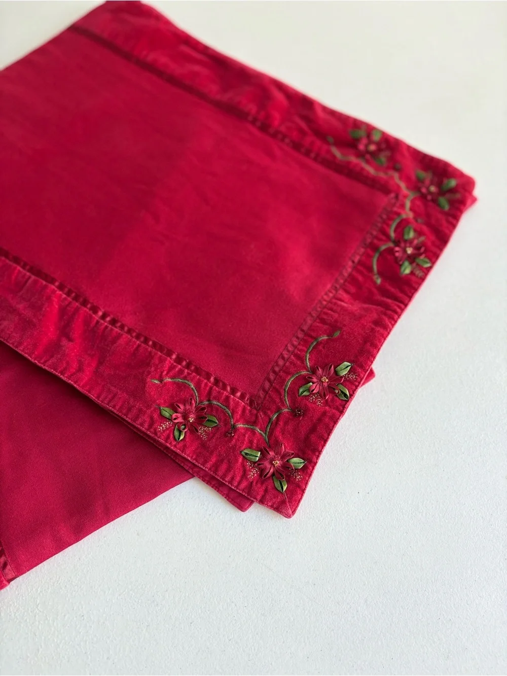 Vintage Red Table Runner Christmas Poinsettia Embroidered & Beaded 13” x 66”